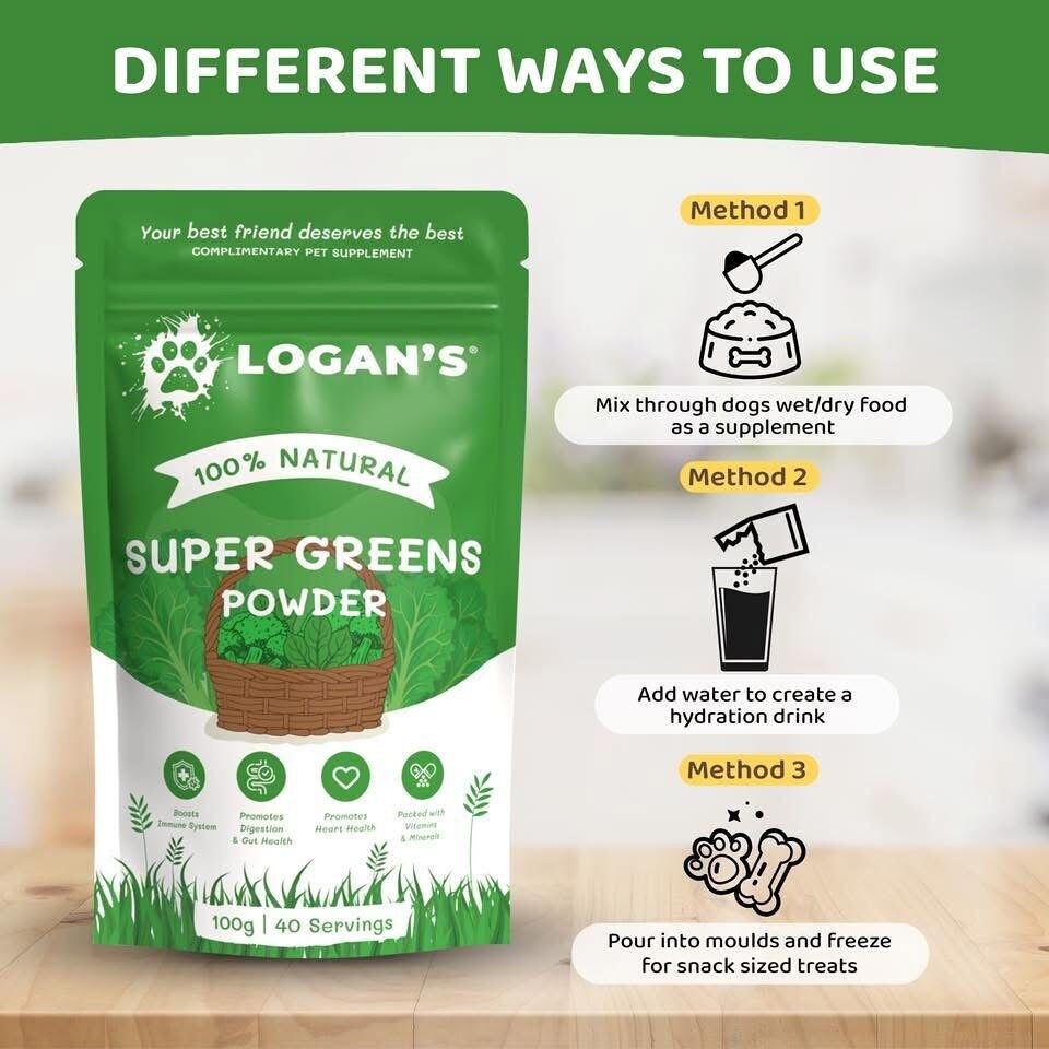 Poudre Super Greens de Logan  Booster de nutriments pour chiens et chats 100 g - Vue 4