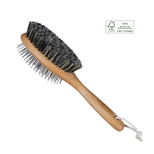 Brosse de toilettage 2 en 1 pour chien et chat - fibres naturelles tampico et carde metallique, manche bois de hetre FSC
